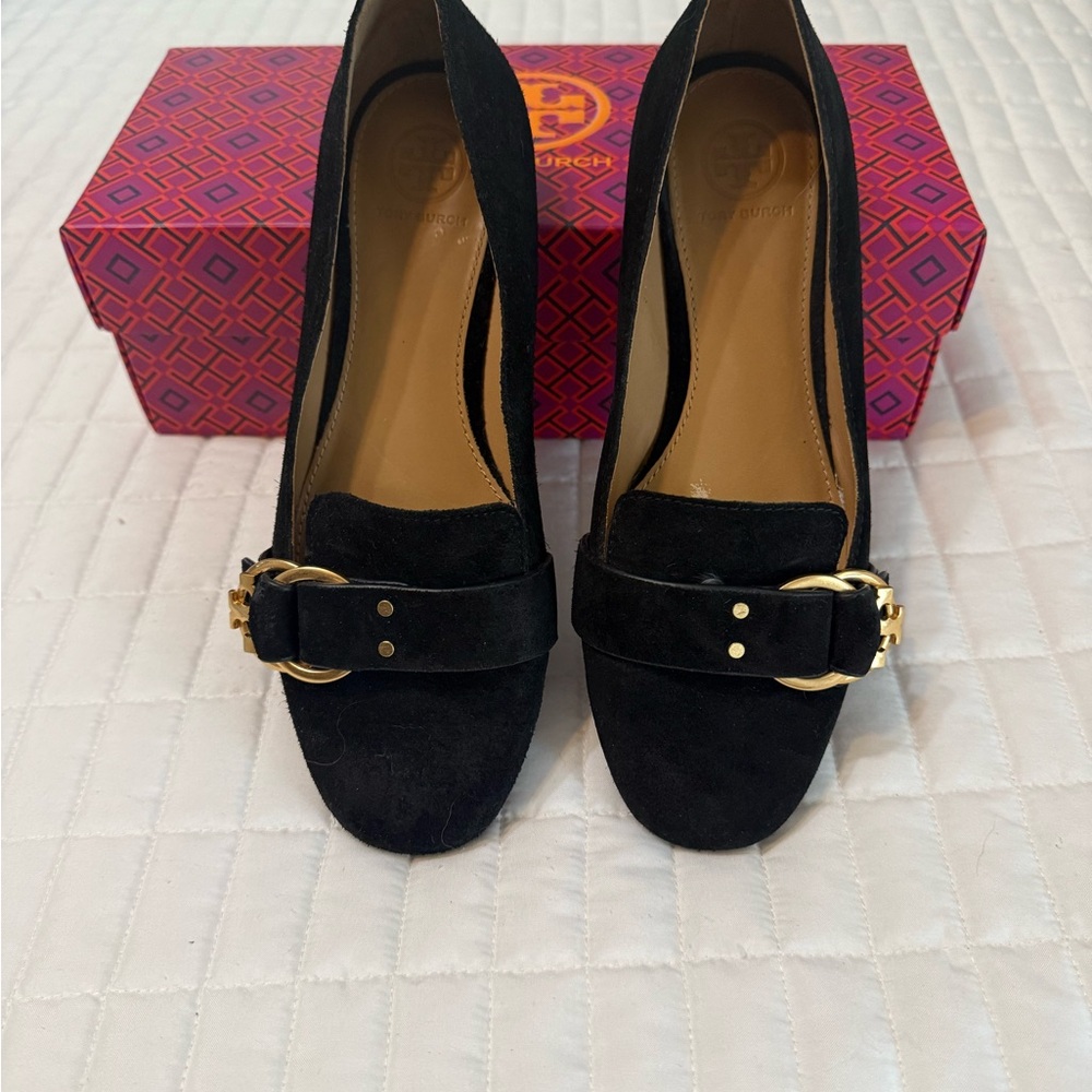 Tory Burch Black Suede Loafers with Gold Buckle